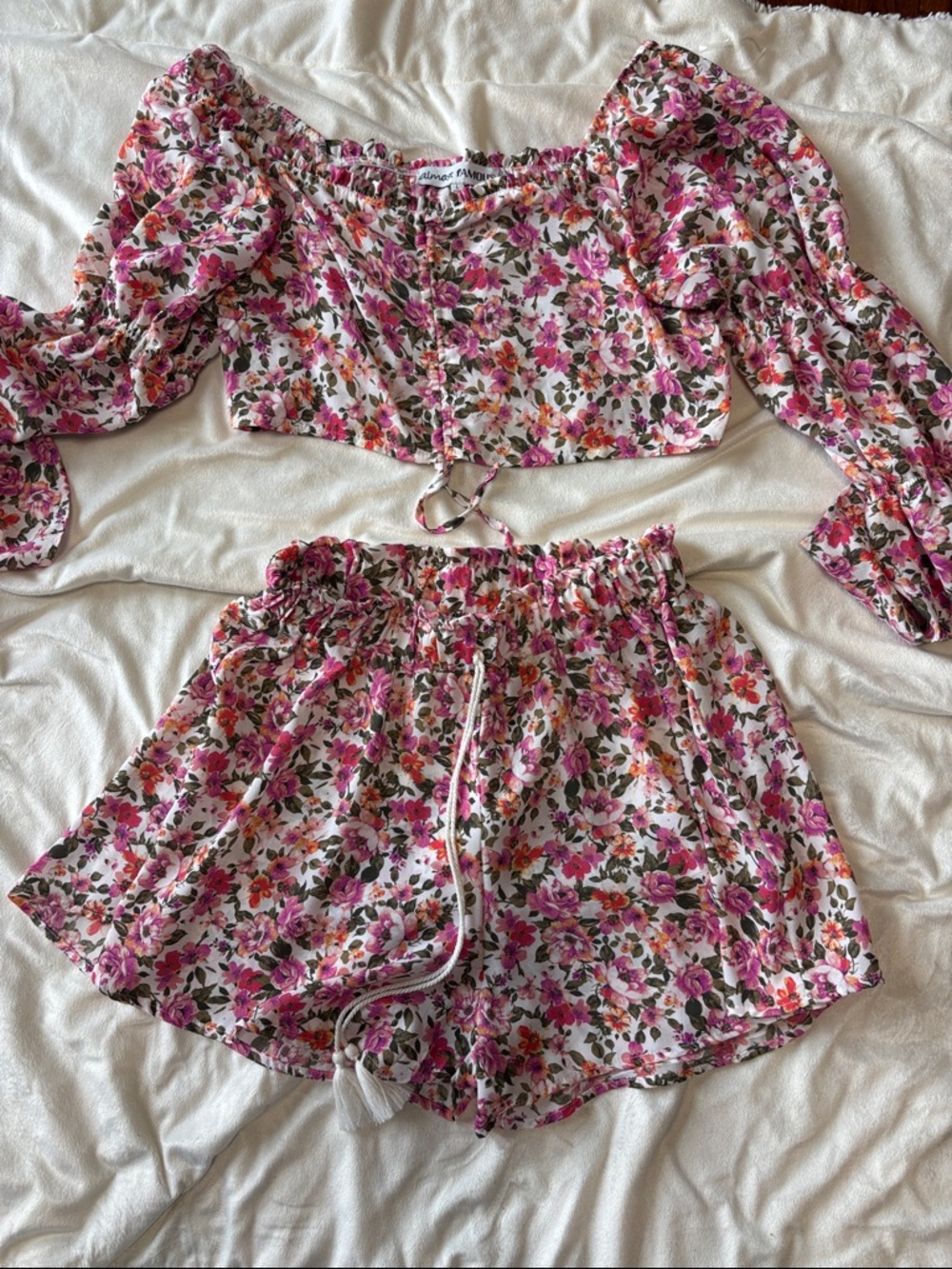 Almost Famous Pink Floral Elastic-Waist shorts and crop top set